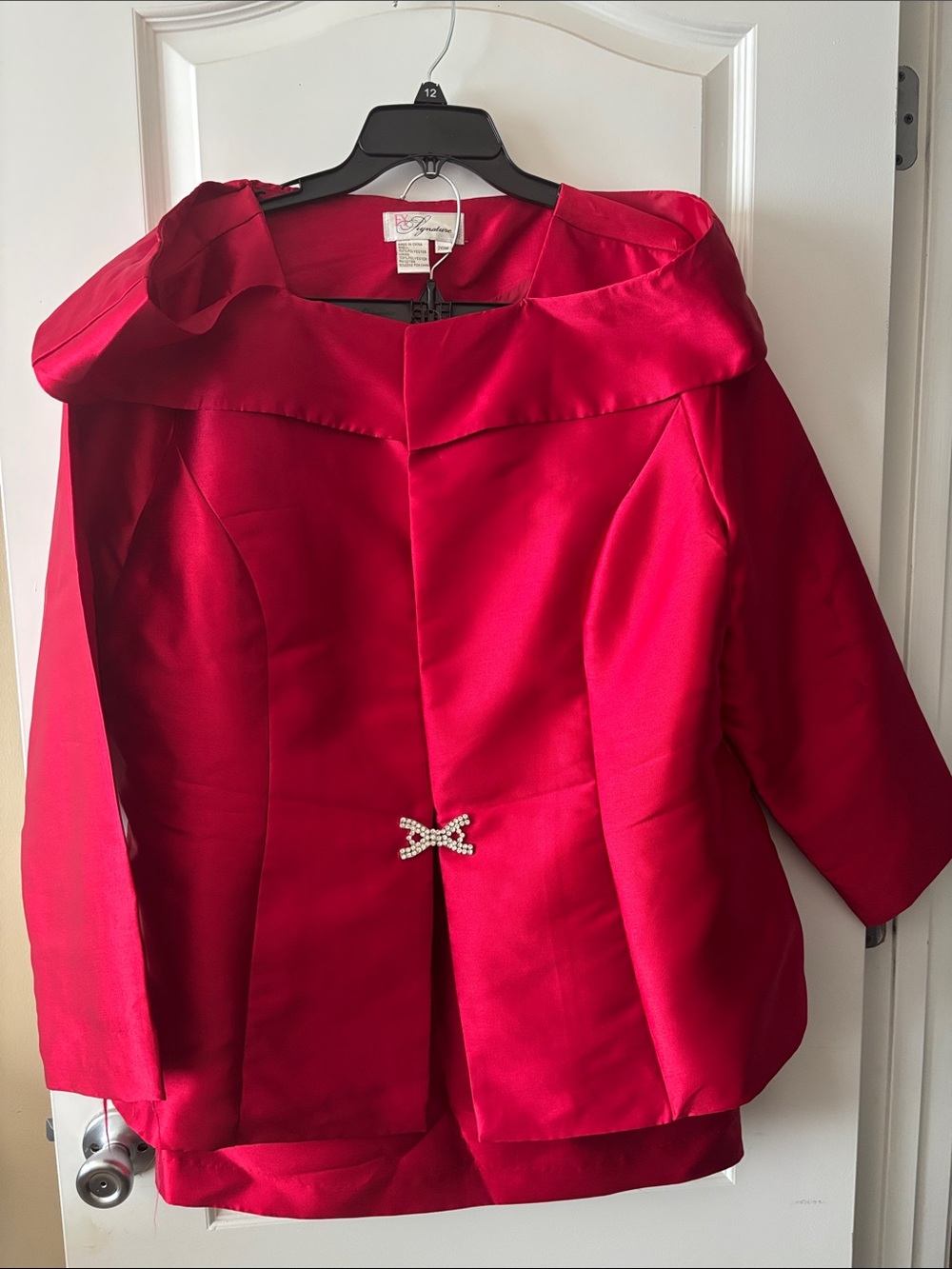 Red Satin Womens Dress Jacket with Decorative Bow Accent